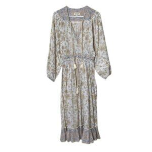 Valiante ivory floral print tassel tie waist midi dress womens XS boho